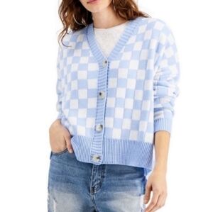 JUST POLLY CHECKERED CARDIGAN-SWEATER WOMEN SZ M LIGTH BLUE AND WHITE RELAX FIT